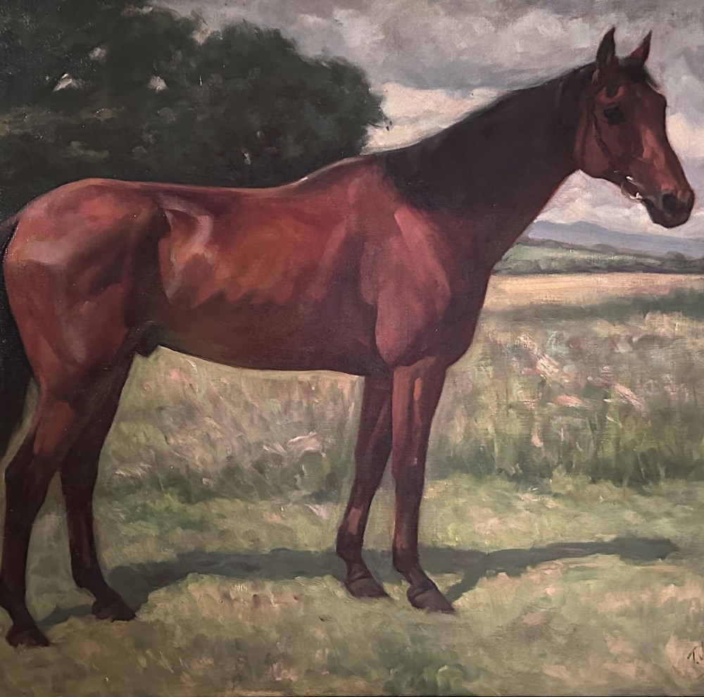 An antique oil painting depicting a profile view of a bay racehorse standing in a grassy field under a cloudy sky. View IV