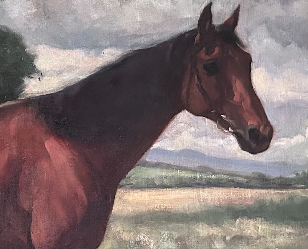An antique oil painting depicting a profile view of a bay racehorse standing in a grassy field under a cloudy sky. View V