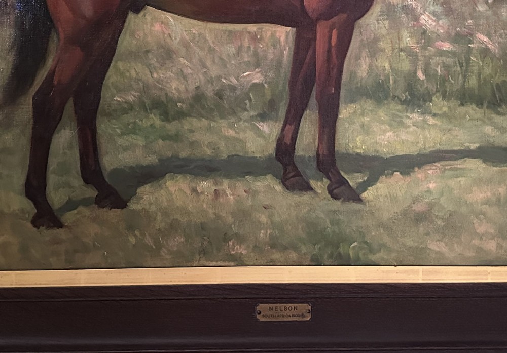 An antique oil painting depicting a profile view of a bay racehorse standing in a grassy field under a cloudy sky. View VII