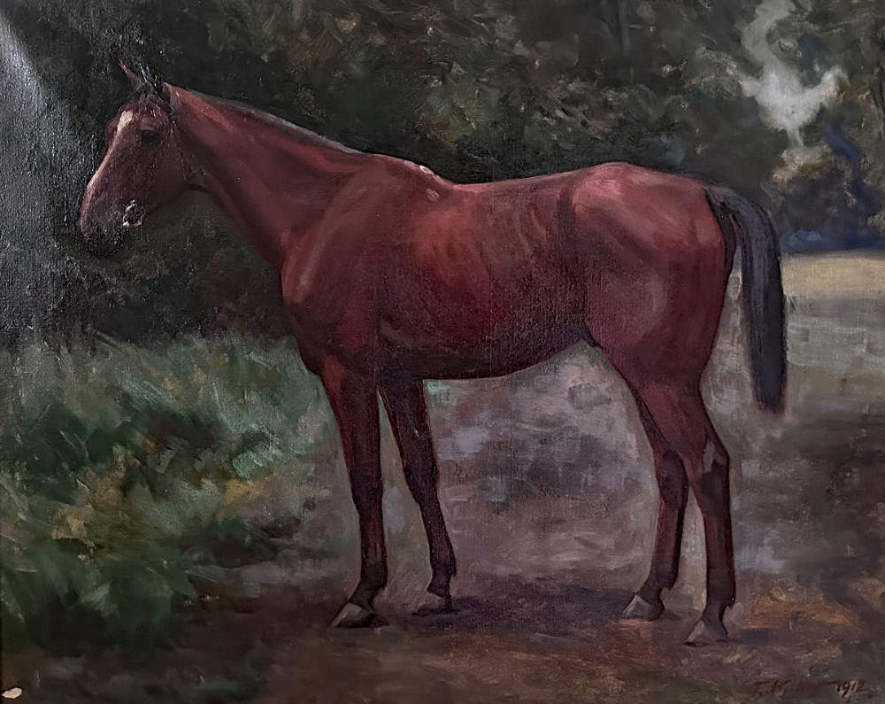 An antique oil painting on canvas depicting a chestnut horse standing in side profile against a dark forest background.