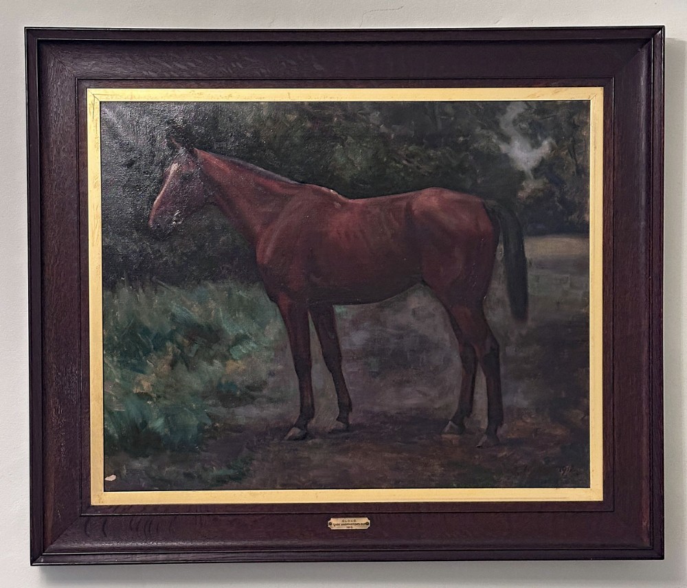 An antique oil painting on canvas depicting a chestnut horse standing in side profile against a dark forest background. View II