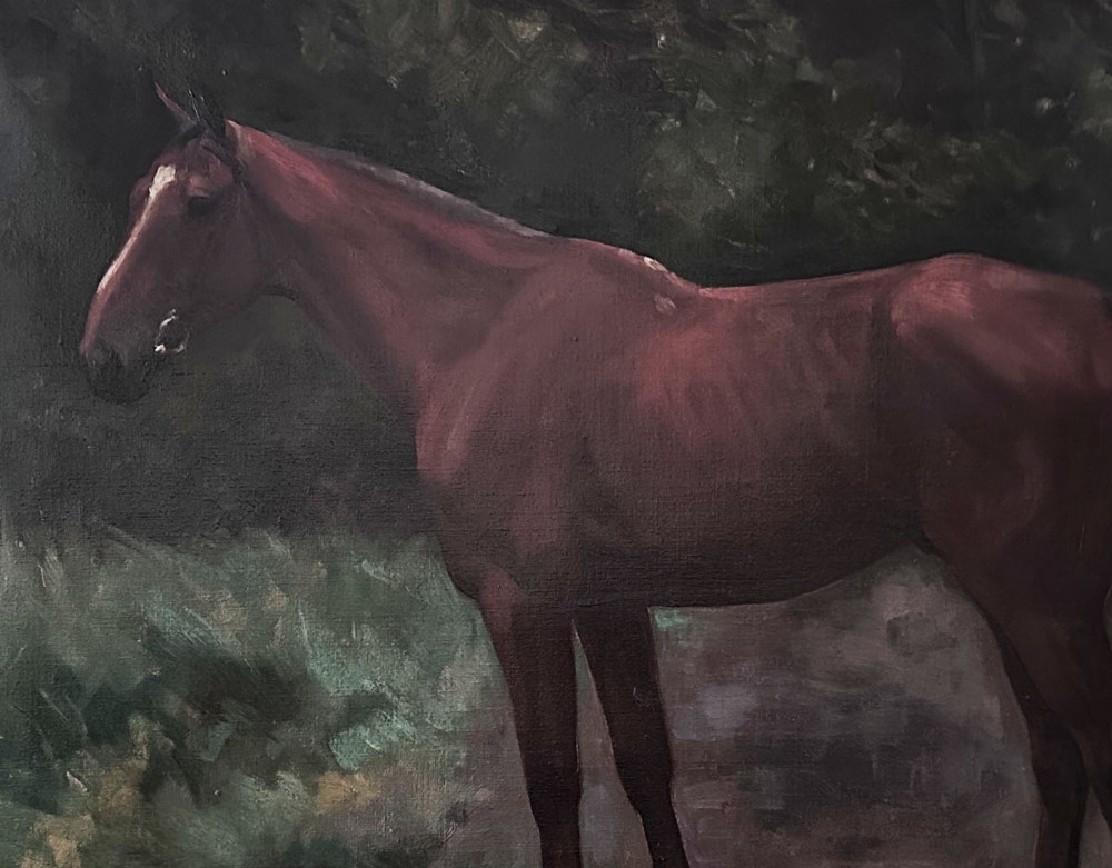 An antique oil painting on canvas depicting a chestnut horse standing in side profile against a dark forest background. View III