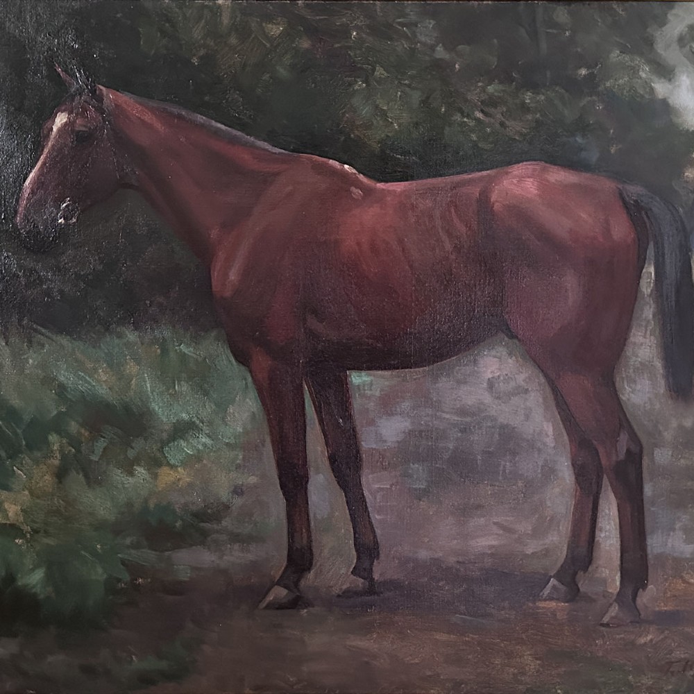 An antique oil painting on canvas depicting a chestnut horse standing in side profile against a dark forest background. View IV