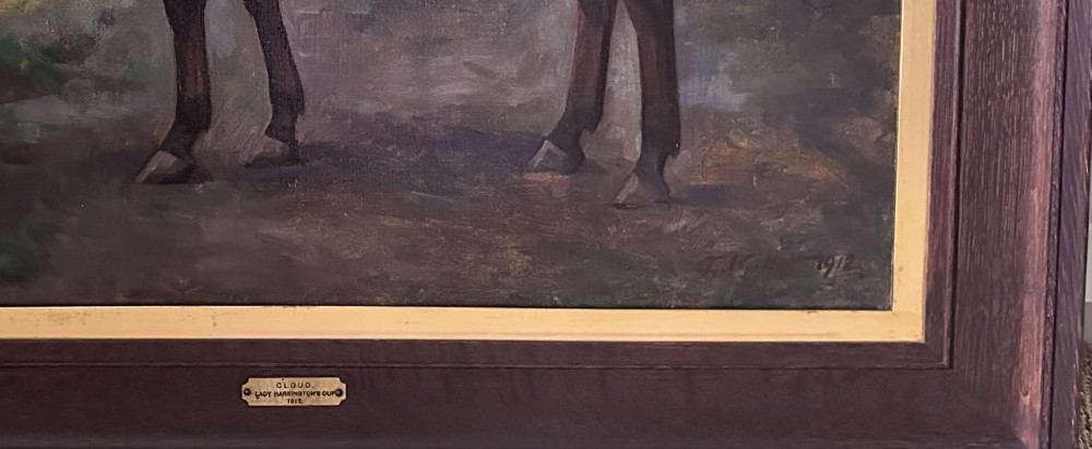 An antique oil painting on canvas depicting a chestnut horse standing in side profile against a dark forest background. View V