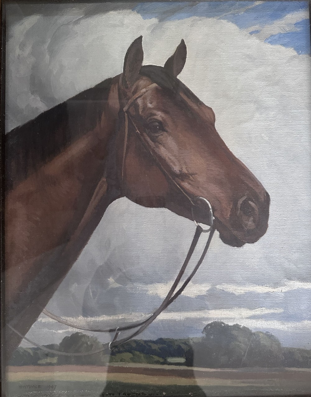 A profile portrait oil painting of a bay horse with a leather bridle set against a cloudy sky and landscape horizon.