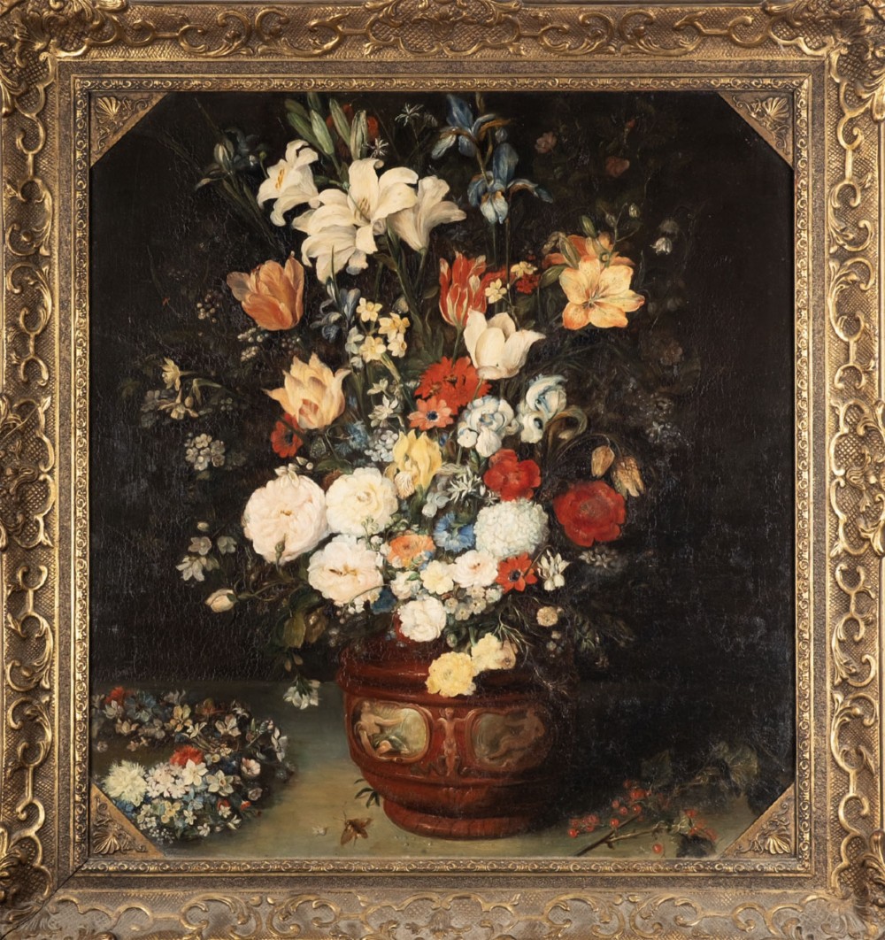 An antique oil painting depicting a dense arrangement of colourful flowers inside a terracotta-toned urn against a dark background. View VI