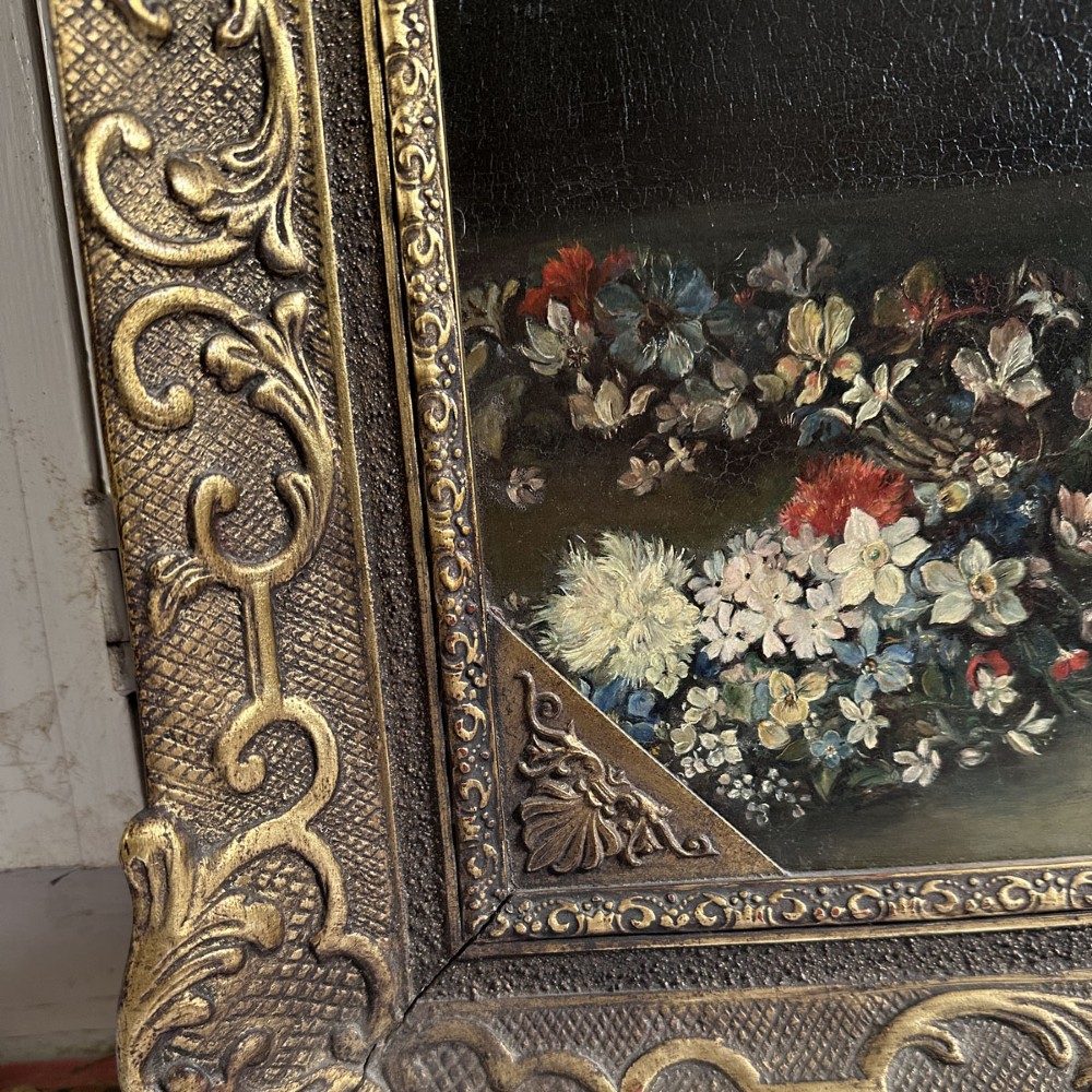 An antique oil painting depicting a dense arrangement of colourful flowers inside a terracotta-toned urn against a dark background. View VIII