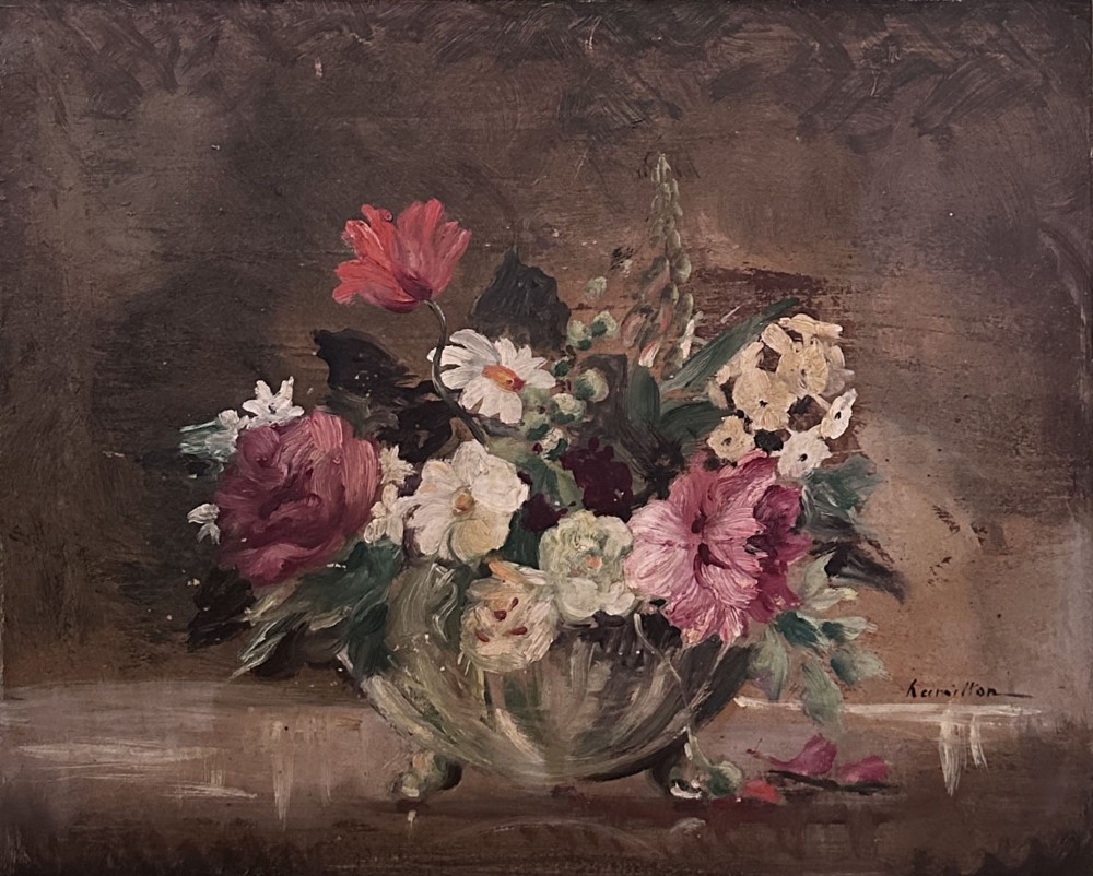 An antique oil painting depicting a colourful floral arrangement inside a footed glass bowl against a dark textured background.