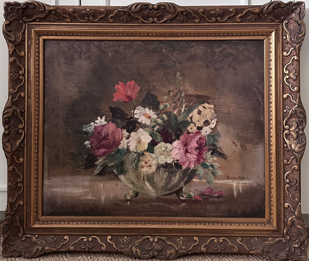 An antique oil painting depicting a colourful floral arrangement inside a footed glass bowl against a dark textured background. View II