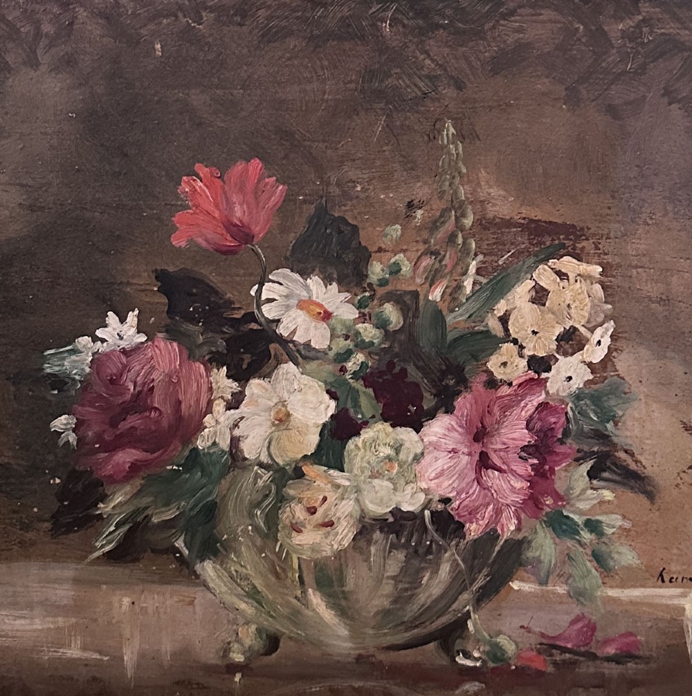 An antique oil painting depicting a colourful floral arrangement inside a footed glass bowl against a dark textured background. View IV
