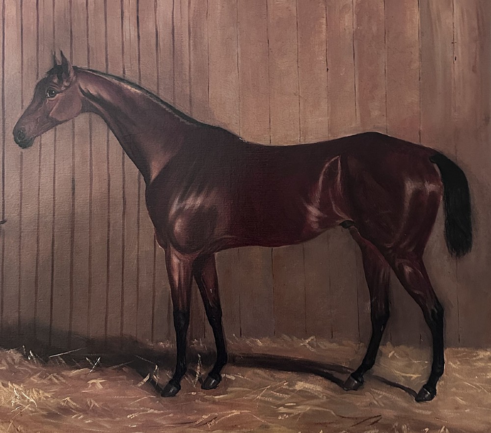 An oil painting depicting a bay racehorse standing in profile inside a wooden stable stall lined with straw. View V