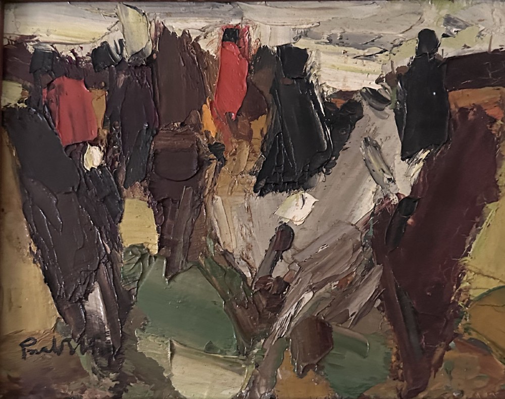 An expressionist impasto oil painting depicting equestrian figures rendered in thick palette knife strokes of brown, green, black, and red tones.