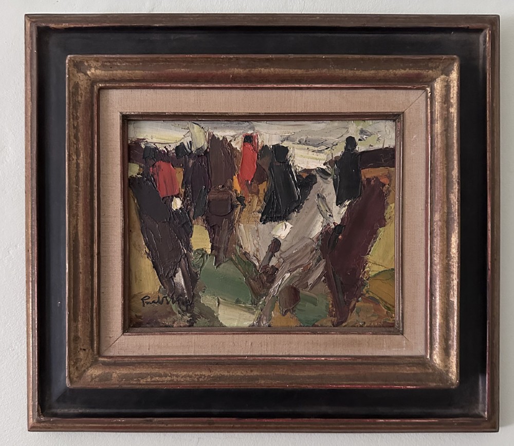 An expressionist impasto oil painting depicting equestrian figures rendered in thick palette knife strokes of brown, green, black, and red tones. View II