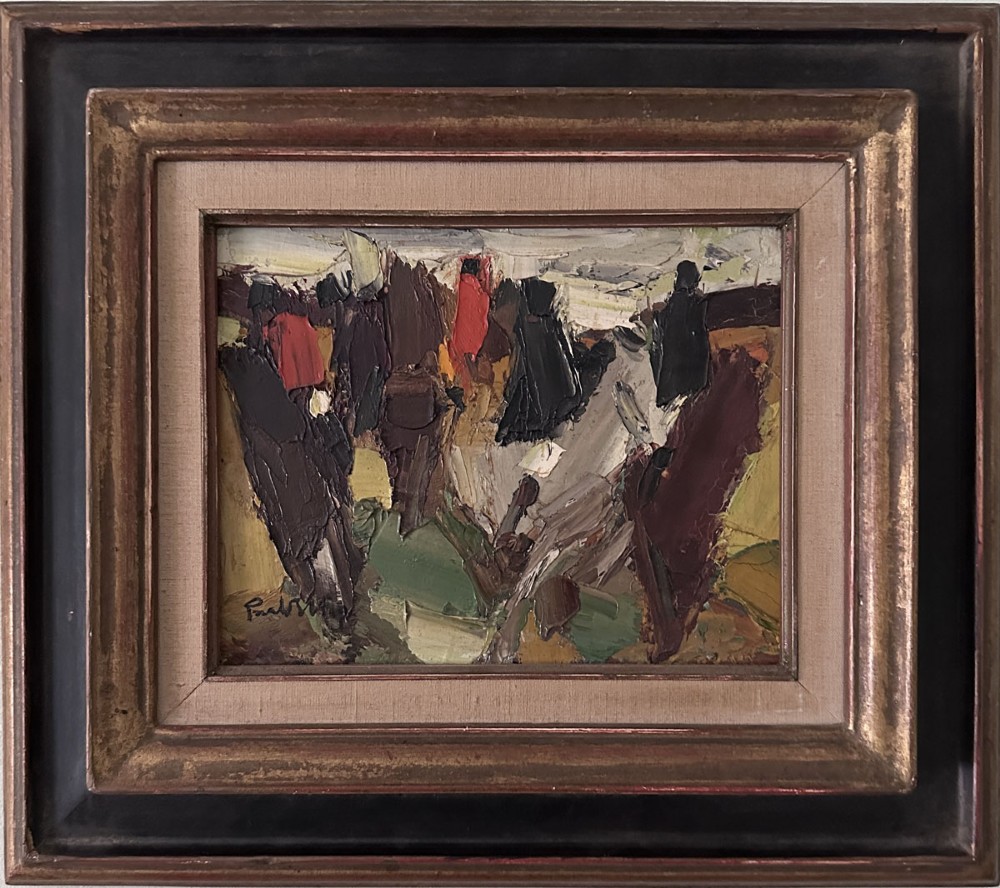 An expressionist impasto oil painting depicting equestrian figures rendered in thick palette knife strokes of brown, green, black, and red tones. View III