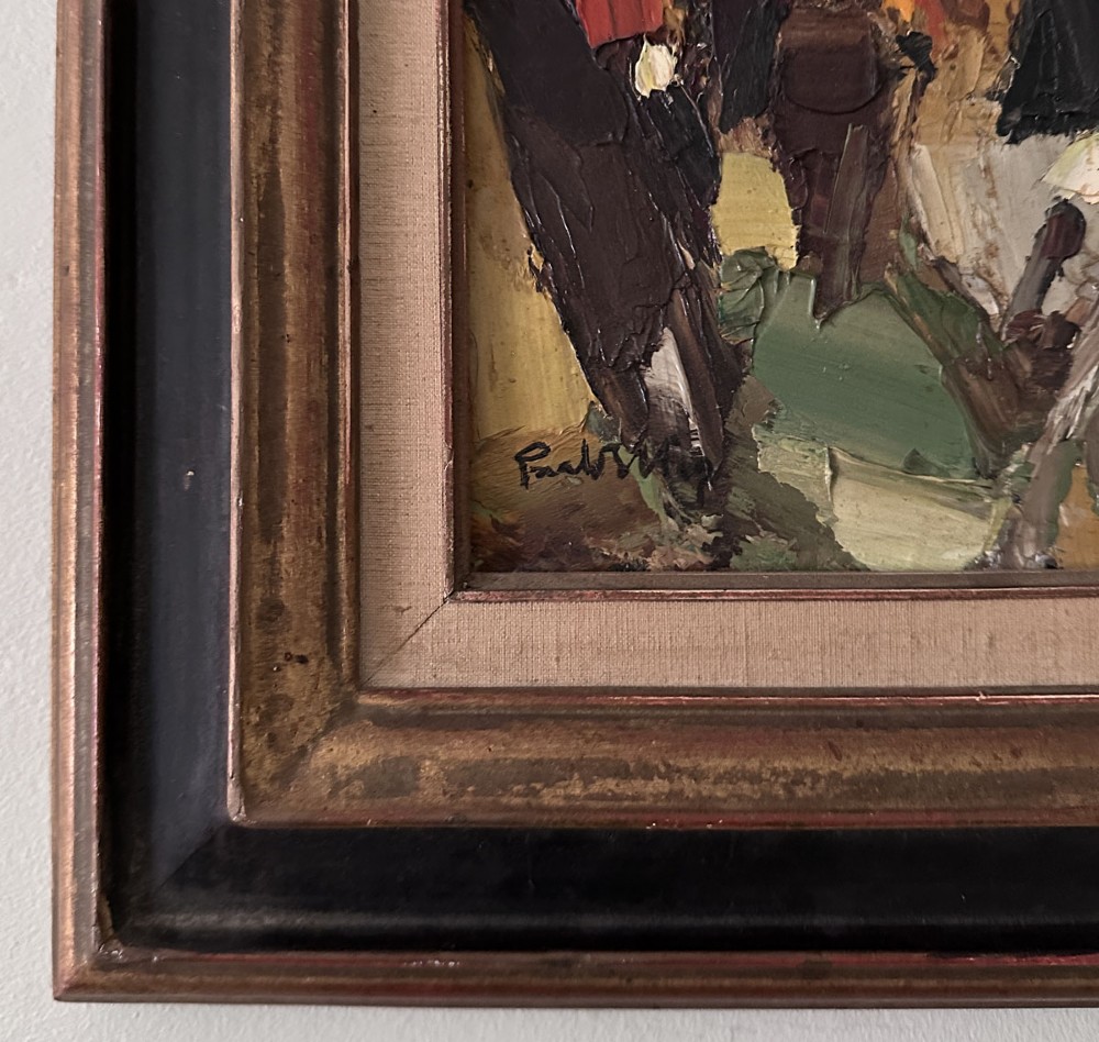 An expressionist impasto oil painting depicting equestrian figures rendered in thick palette knife strokes of brown, green, black, and red tones. View IV