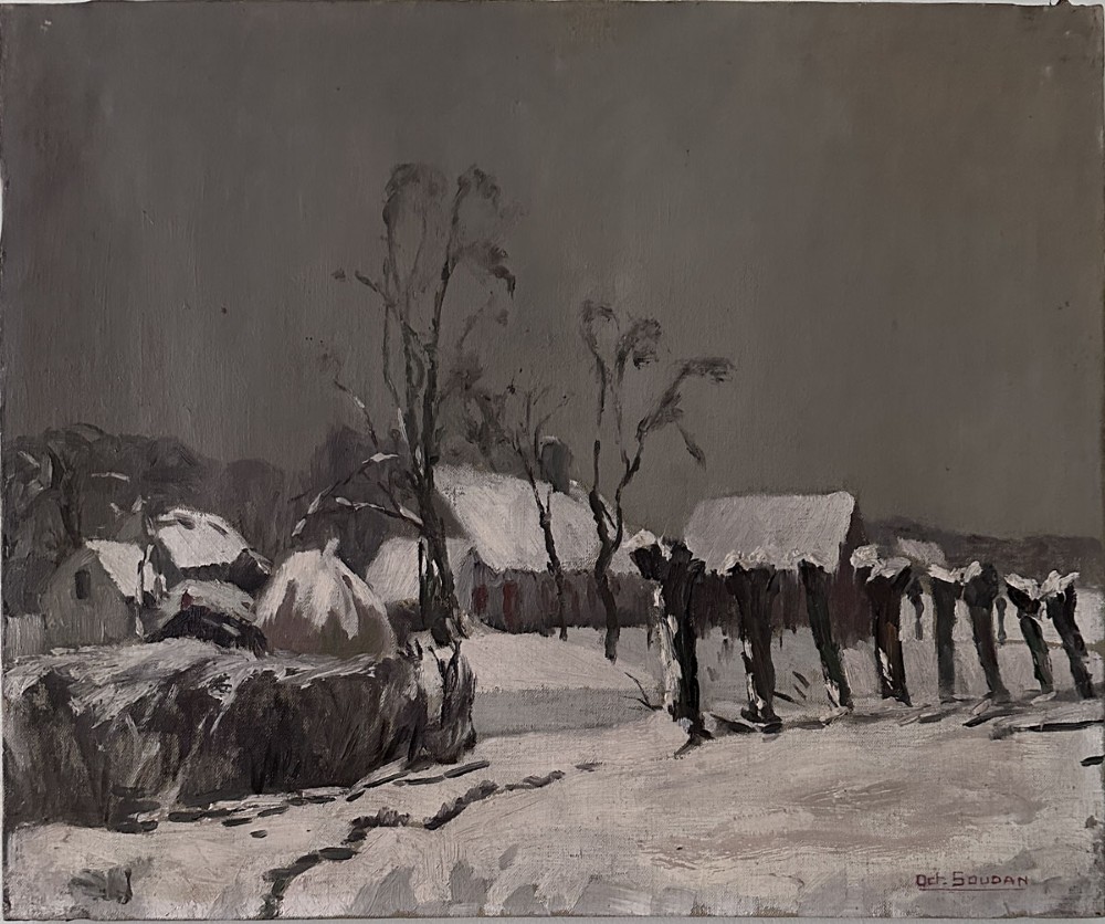 An antique oil painting depicting a muted grey winter landscape with snow-covered village roofs, bare trees, and a haystack.
