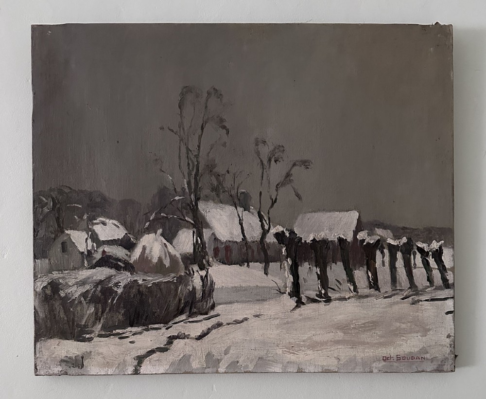 An antique oil painting depicting a muted grey winter landscape with snow-covered village roofs, bare trees, and a haystack. View II