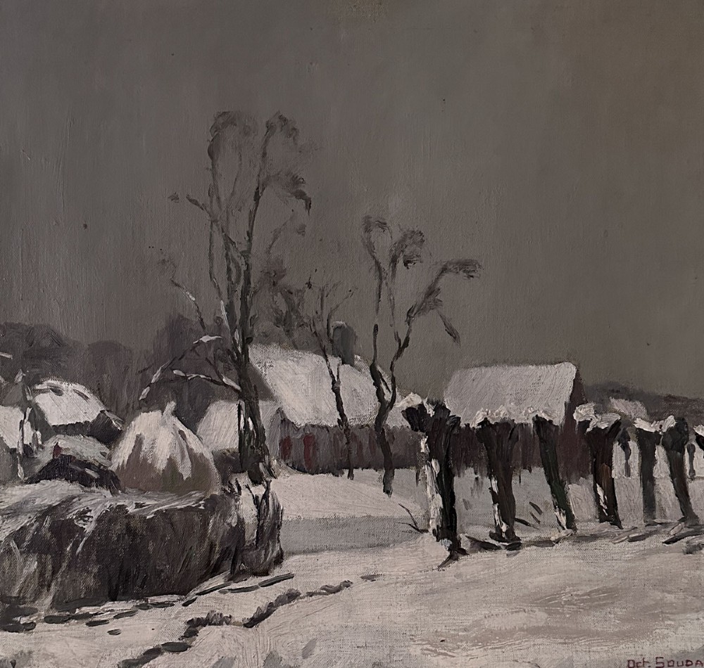 An antique oil painting depicting a muted grey winter landscape with snow-covered village roofs, bare trees, and a haystack. View III