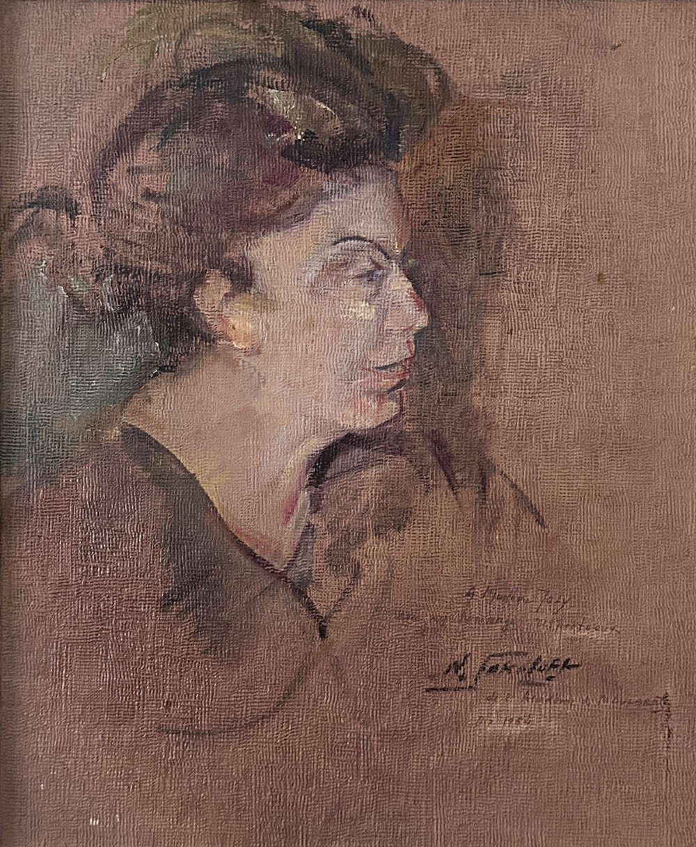 An antique oil painting on coarse canvas featuring a side profile view of a woman with dark hair rendered in earthy brown and taupe tones.