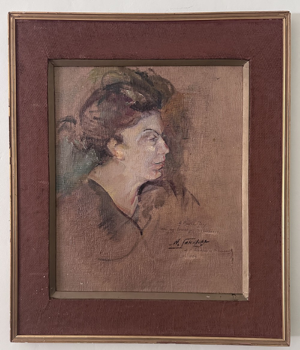 An antique oil painting on coarse canvas featuring a side profile view of a woman with dark hair rendered in earthy brown and taupe tones. View II