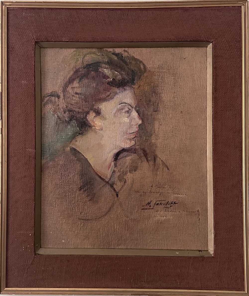 An antique oil painting on coarse canvas featuring a side profile view of a woman with dark hair rendered in earthy brown and taupe tones. View III