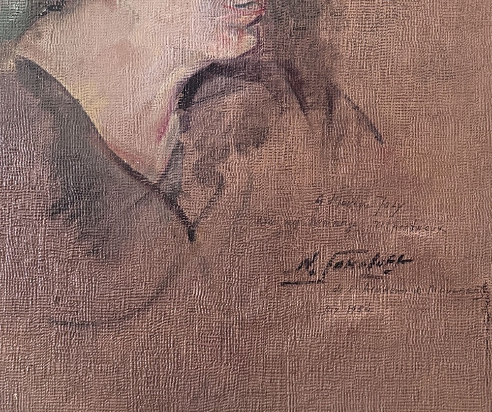 An antique oil painting on coarse canvas featuring a side profile view of a woman with dark hair rendered in earthy brown and taupe tones. View IV