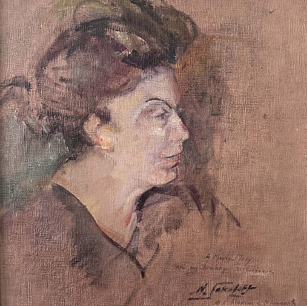 An antique oil painting on coarse canvas featuring a side profile view of a woman with dark hair rendered in earthy brown and taupe tones. View V