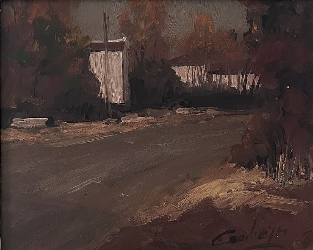 An oil painting depicting a quiet village road in autumn with muted brown and ochre foliage surrounding white buildings under an overcast sky.