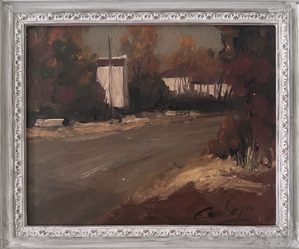 An oil painting depicting a quiet village road in autumn with muted brown and ochre foliage surrounding white buildings under an overcast sky. View III