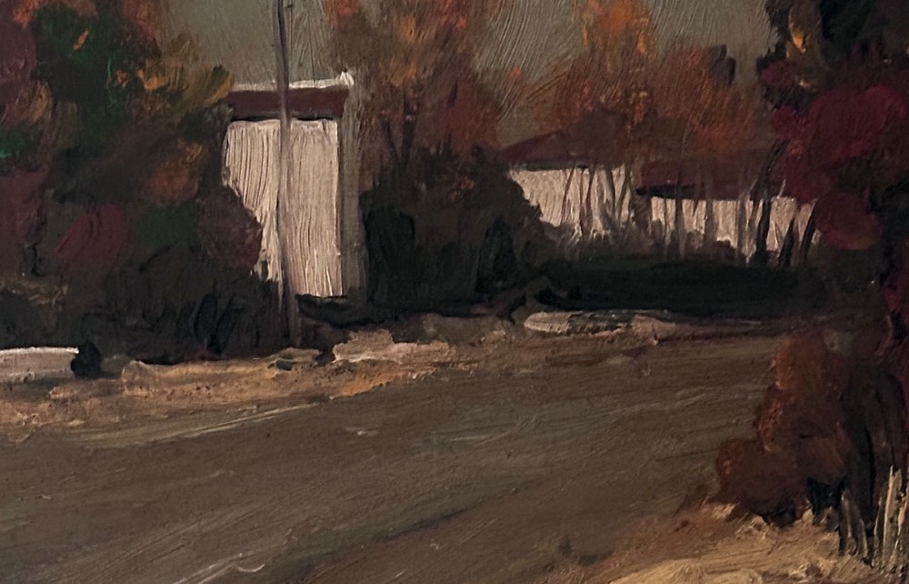 An oil painting depicting a quiet village road in autumn with muted brown and ochre foliage surrounding white buildings under an overcast sky. View V
