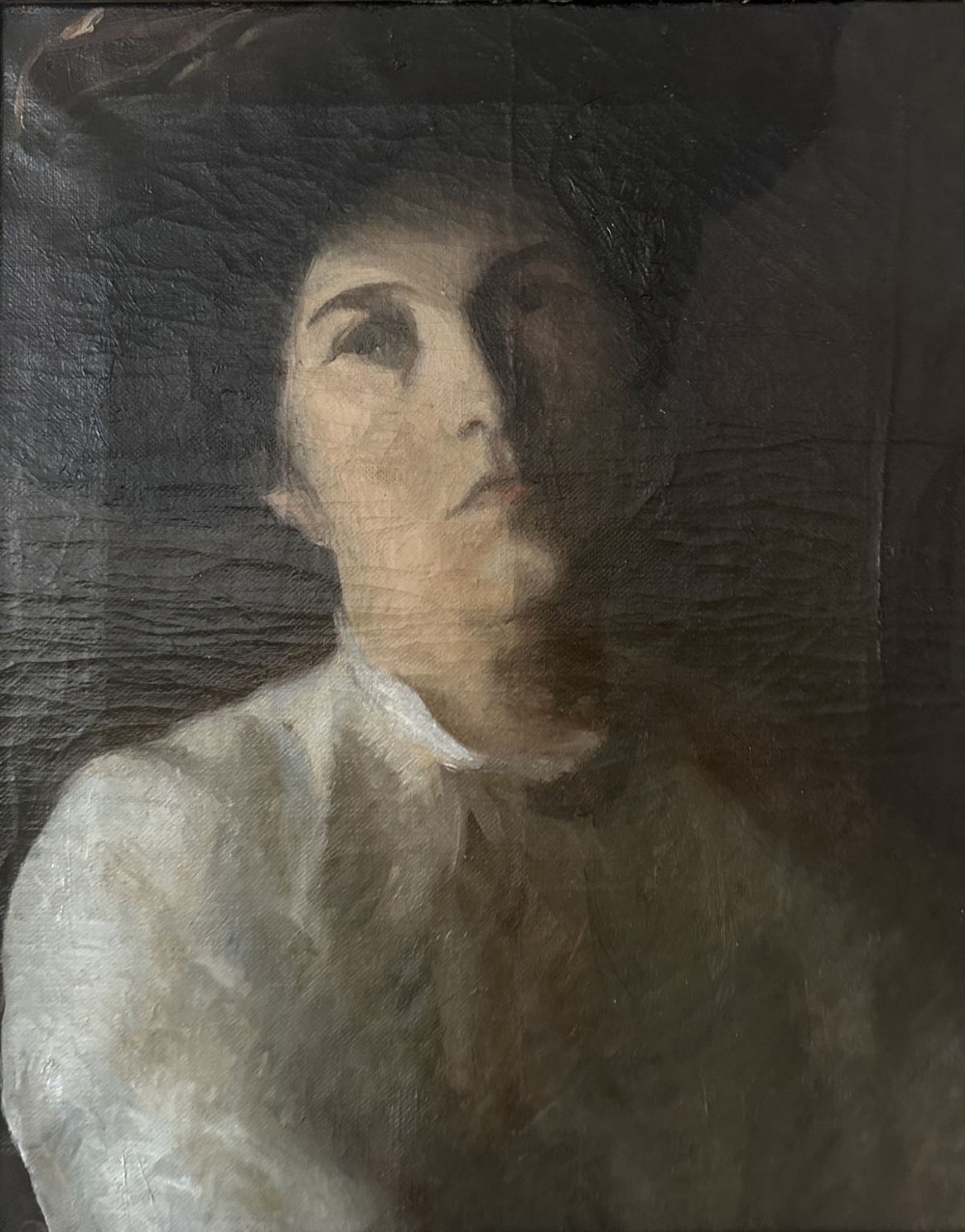 An antique oil painting on canvas depicting a woman wearing a dark hat and light-coloured blouse in low-light illumination.