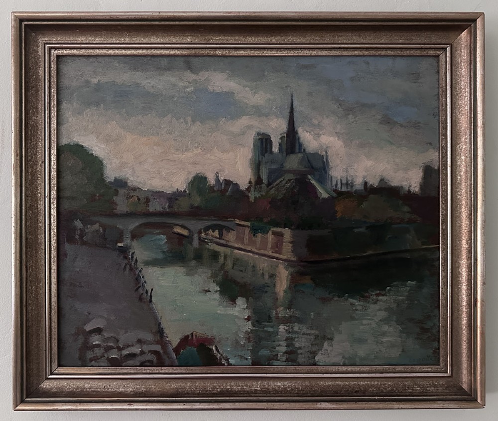 An impressionist oil painting depicting the Notre Dame Cathedral across the River Seine under an overcast sky. View II