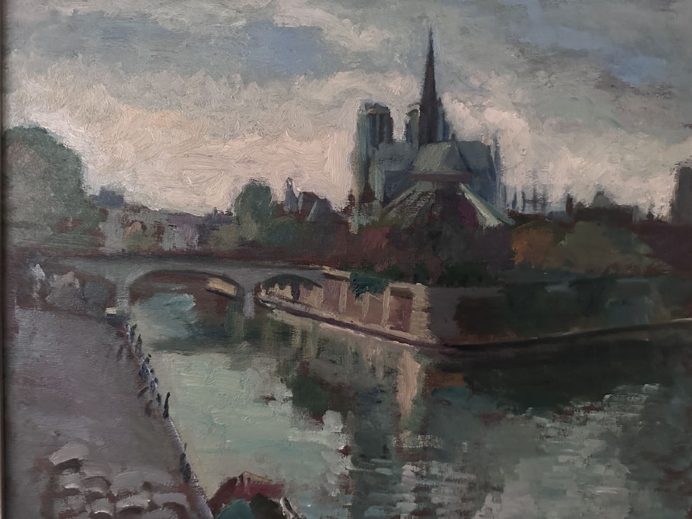 An impressionist oil painting depicting the Notre Dame Cathedral across the River Seine under an overcast sky. View V