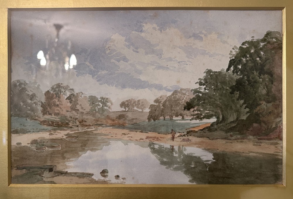 An antique landscape painting depicting a figure fishing along a riverbank surrounded by mature trees under an overcast sky. View III