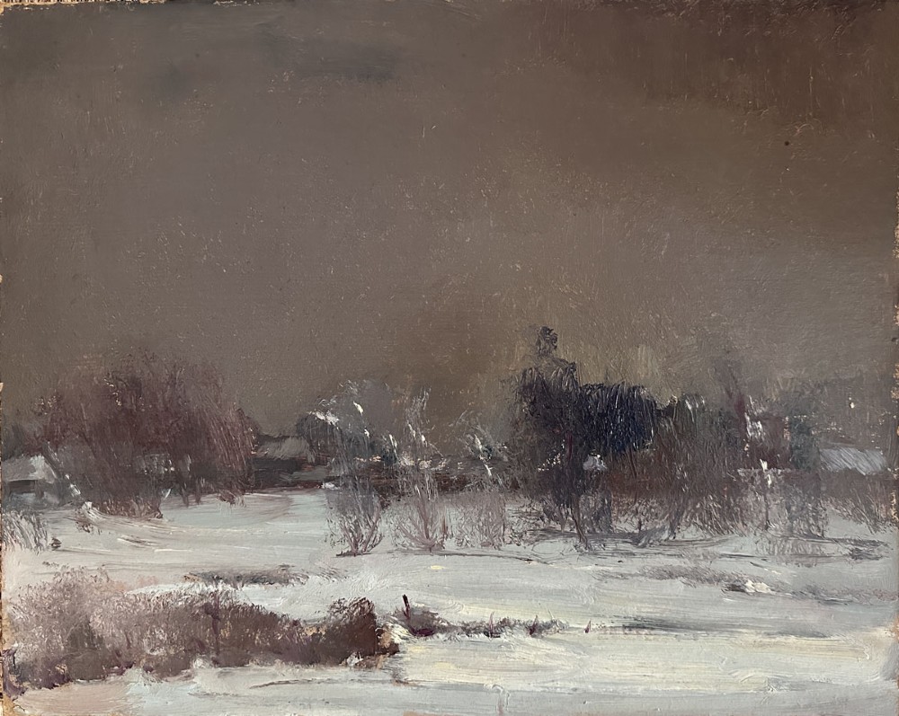 An antique oil painting on board depicting an overcast winter landscape covered in snow with bare trees and a dark grey horizon.