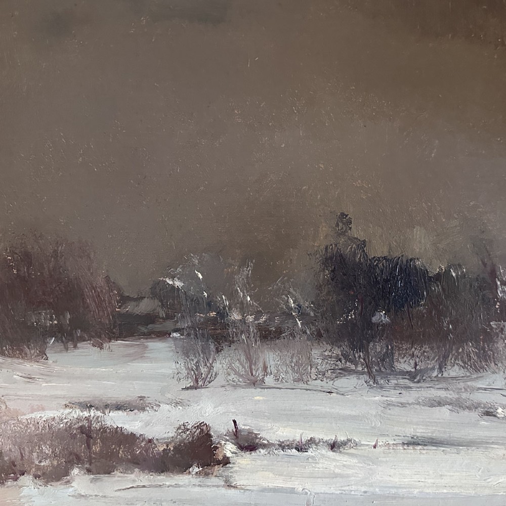 An antique oil painting on board depicting an overcast winter landscape covered in snow with bare trees and a dark grey horizon. View II
