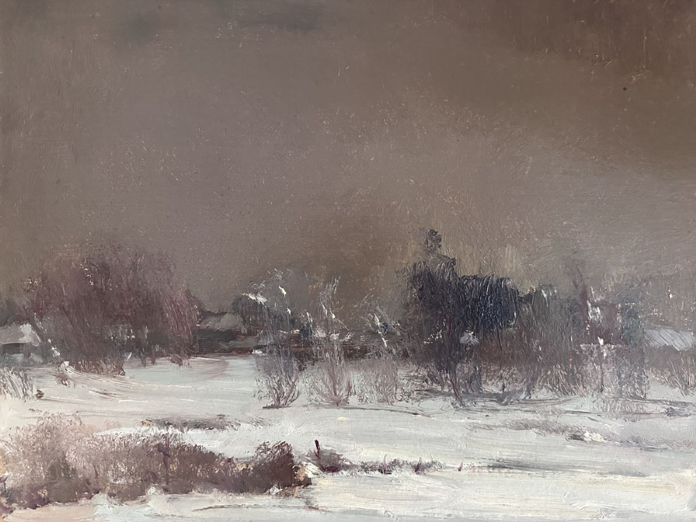 An antique oil painting on board depicting an overcast winter landscape covered in snow with bare trees and a dark grey horizon. View III