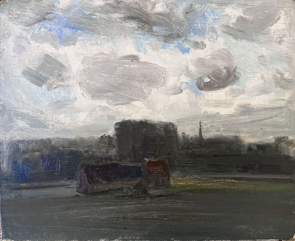 An impressionistic antique oil painting depicting a rustic farmhouse situated within a wide countryside landscape beneath a heavy grey clouded sky.