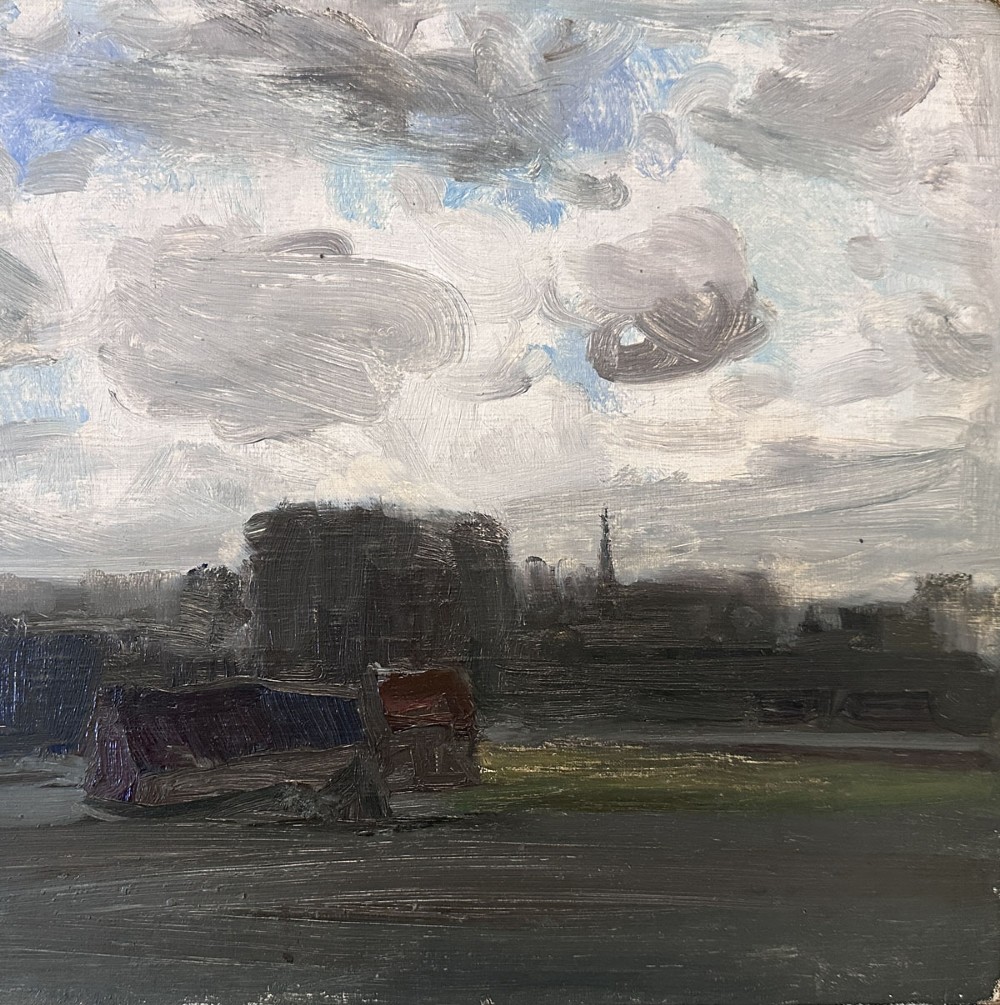 An impressionistic antique oil painting depicting a rustic farmhouse situated within a wide countryside landscape beneath a heavy grey clouded sky. View III