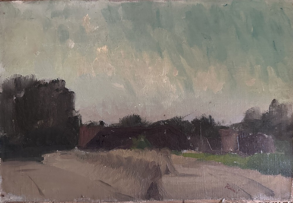 An antique oil painting depicting a muted rural summer landscape with trees, fields, and a pale sky rendered in broad brushstrokes. View II