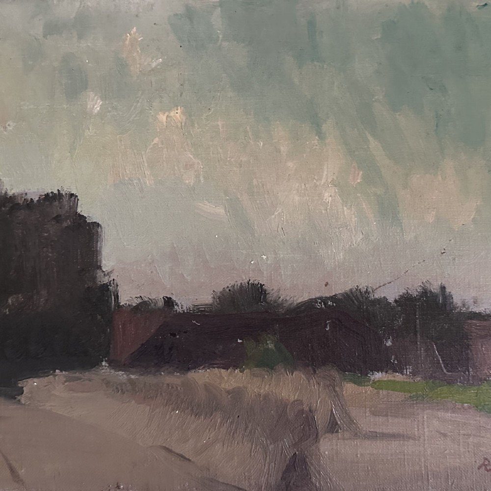 An antique oil painting depicting a muted rural summer landscape with trees, fields, and a pale sky rendered in broad brushstrokes. View III