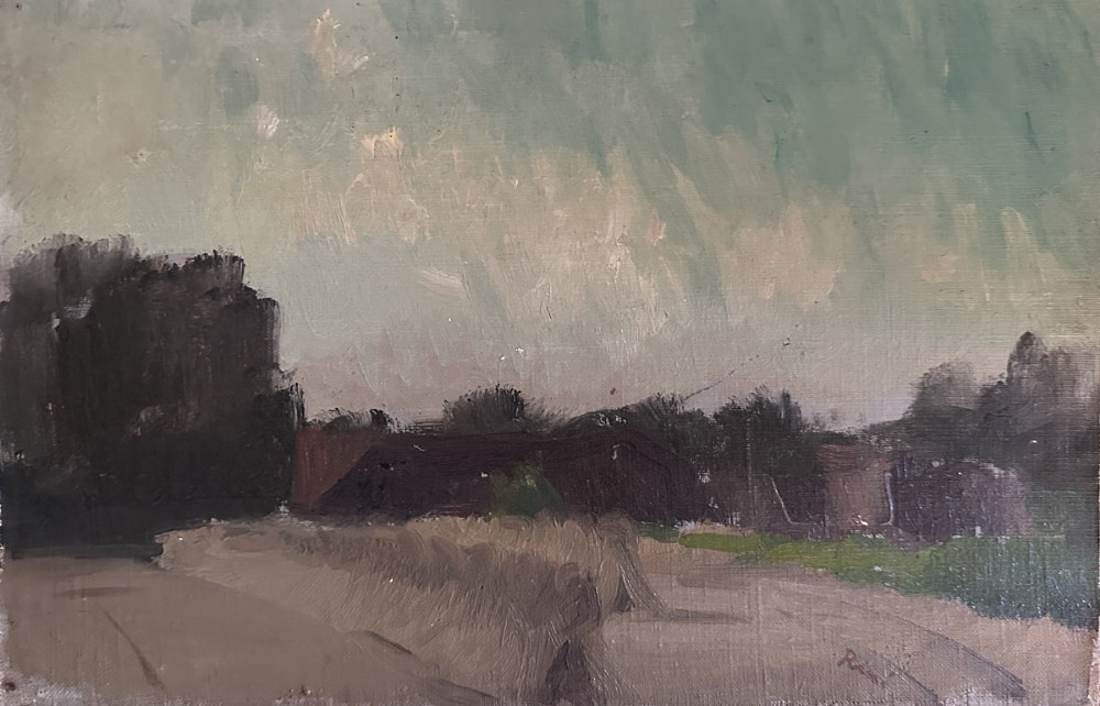 An antique oil painting depicting a muted rural summer landscape with trees, fields, and a pale sky rendered in broad brushstrokes. View IV