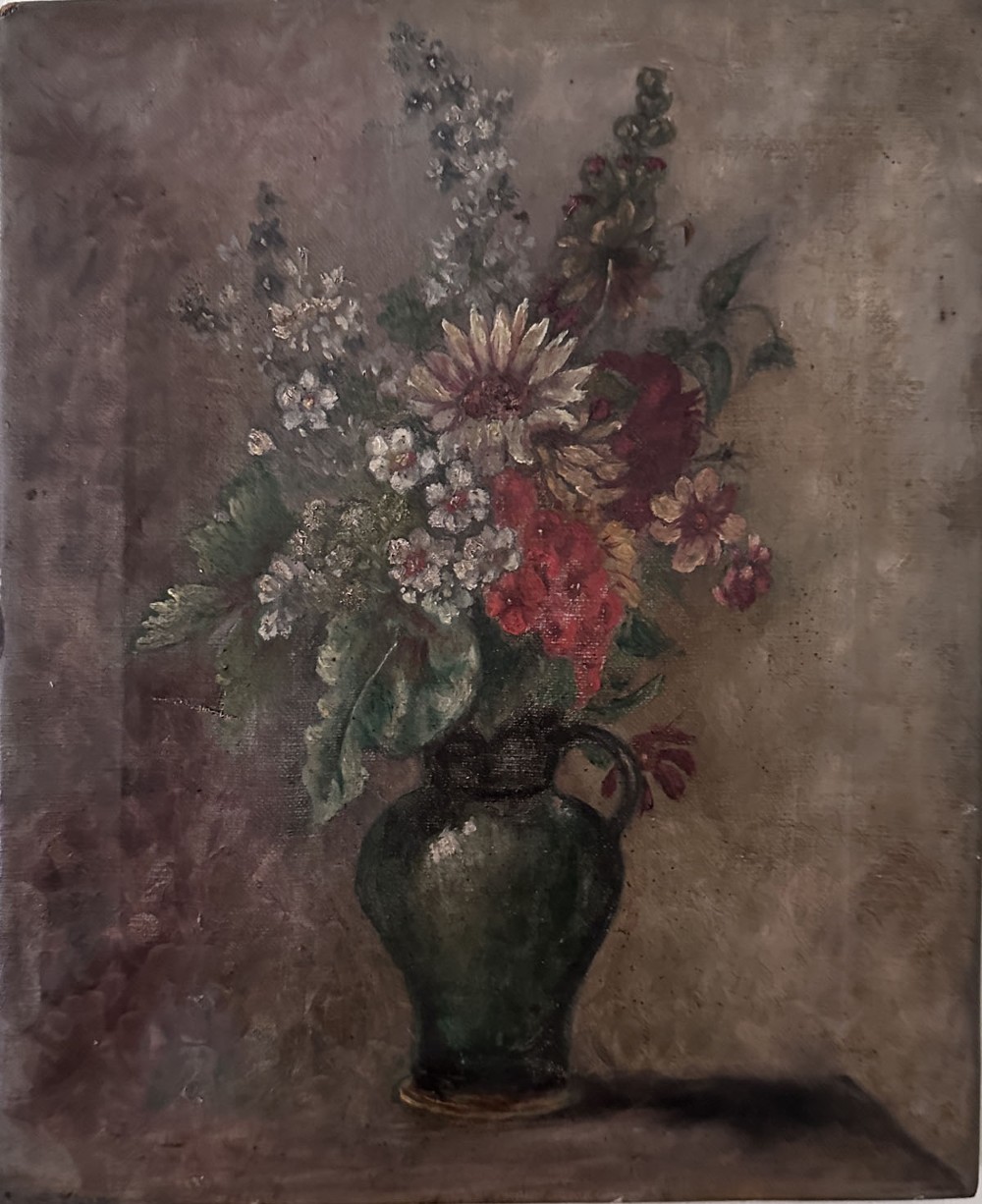 An antique oil painting on canvas depicting a mixed bouquet of white, yellow, and red flowers arranged in a dark green vessel against a textured brown background. View III