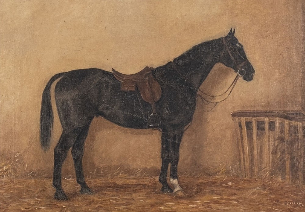 An antique oil painting depicting a saddled black horse standing in profile within a muted brown stable filled with straw.