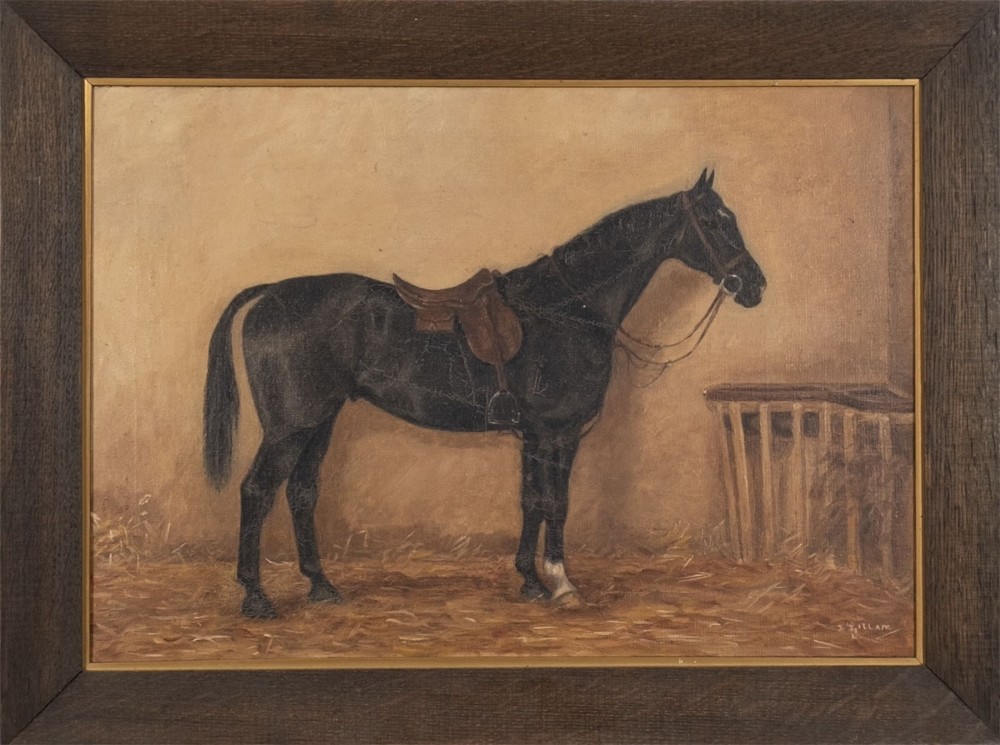 An antique oil painting depicting a saddled black horse standing in profile within a muted brown stable filled with straw. View II
