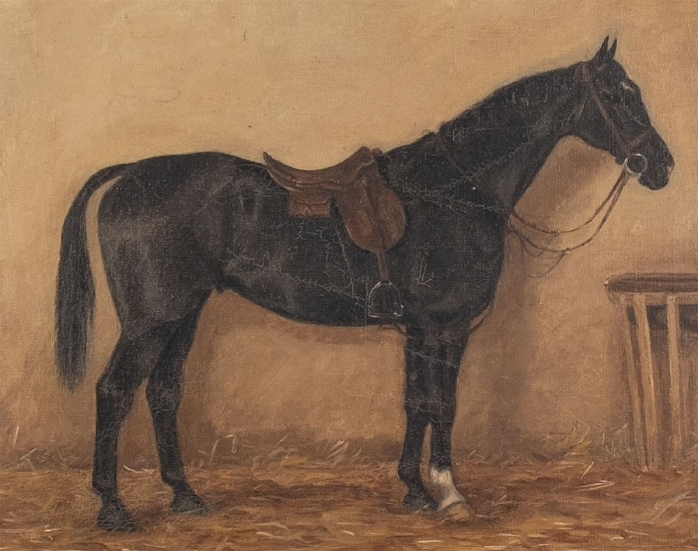 An antique oil painting depicting a saddled black horse standing in profile within a muted brown stable filled with straw. View III