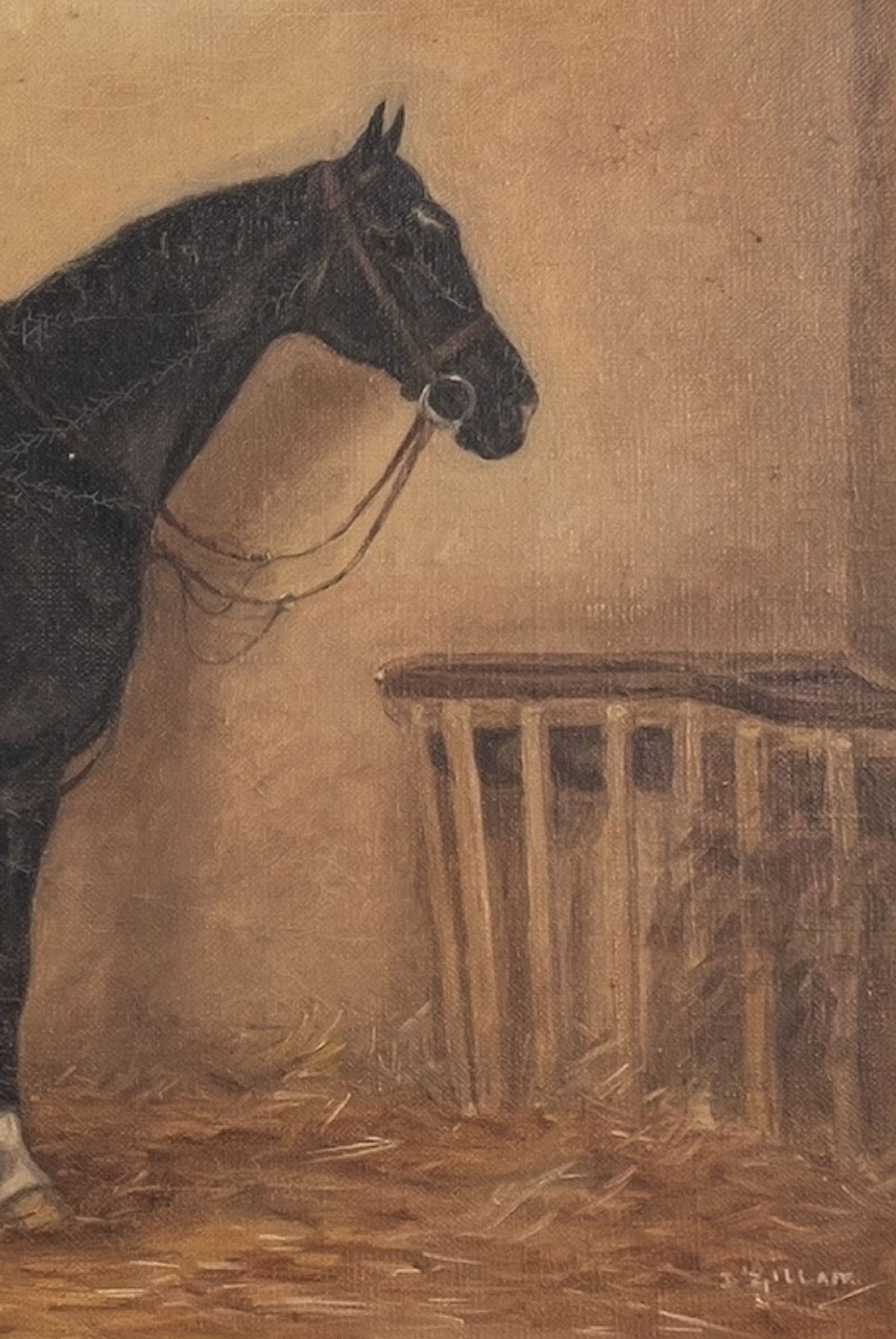 An antique oil painting depicting a saddled black horse standing in profile within a muted brown stable filled with straw. View IV