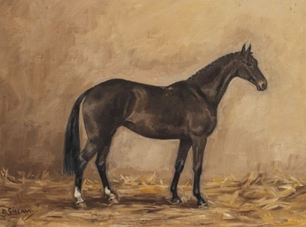 An antique oil painting depicting a dark bay horse standing in profile in a stable on a bed of straw, signed D. Gillam. View III
