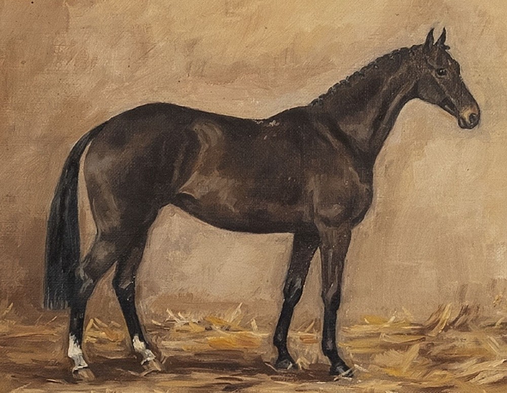 An antique oil painting depicting a dark bay horse standing in profile in a stable on a bed of straw, signed D. Gillam. View IV