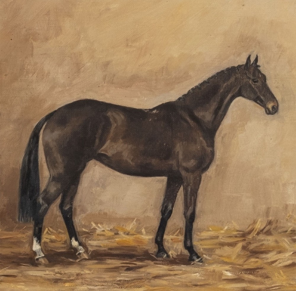 An antique oil painting depicting a dark bay horse standing in profile in a stable on a bed of straw, signed D. Gillam. View V